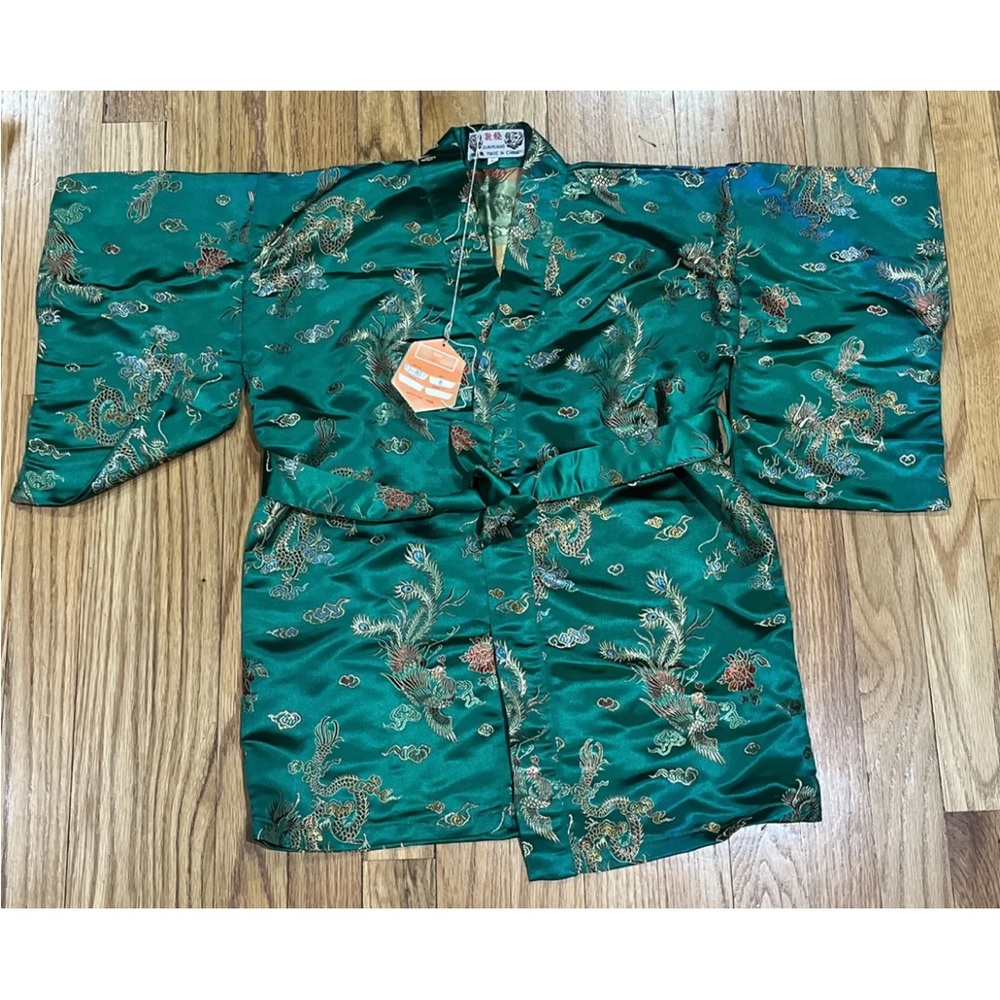DUNHUANG CHINESE Embroidered Kimono Green Robe Dress RARE vintage sz 6 peacock